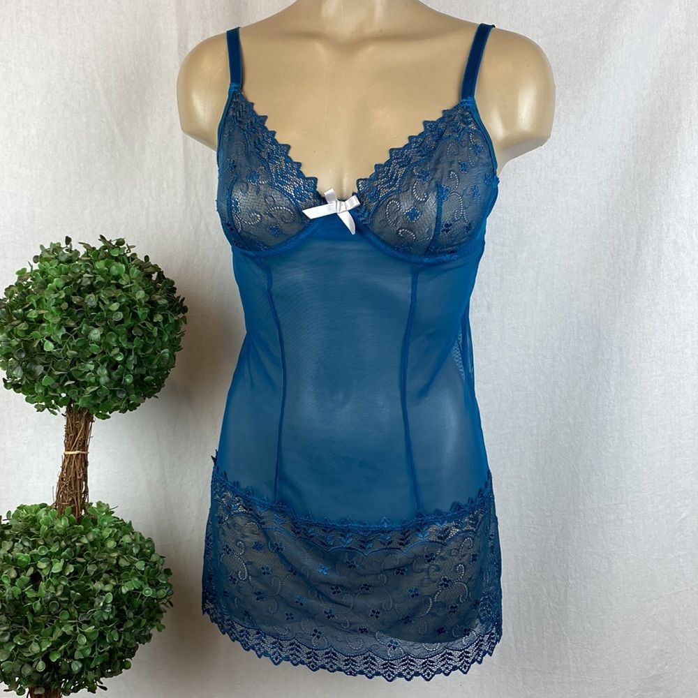 Escante’ Blue Sheer Lace Short Sleep Dress M